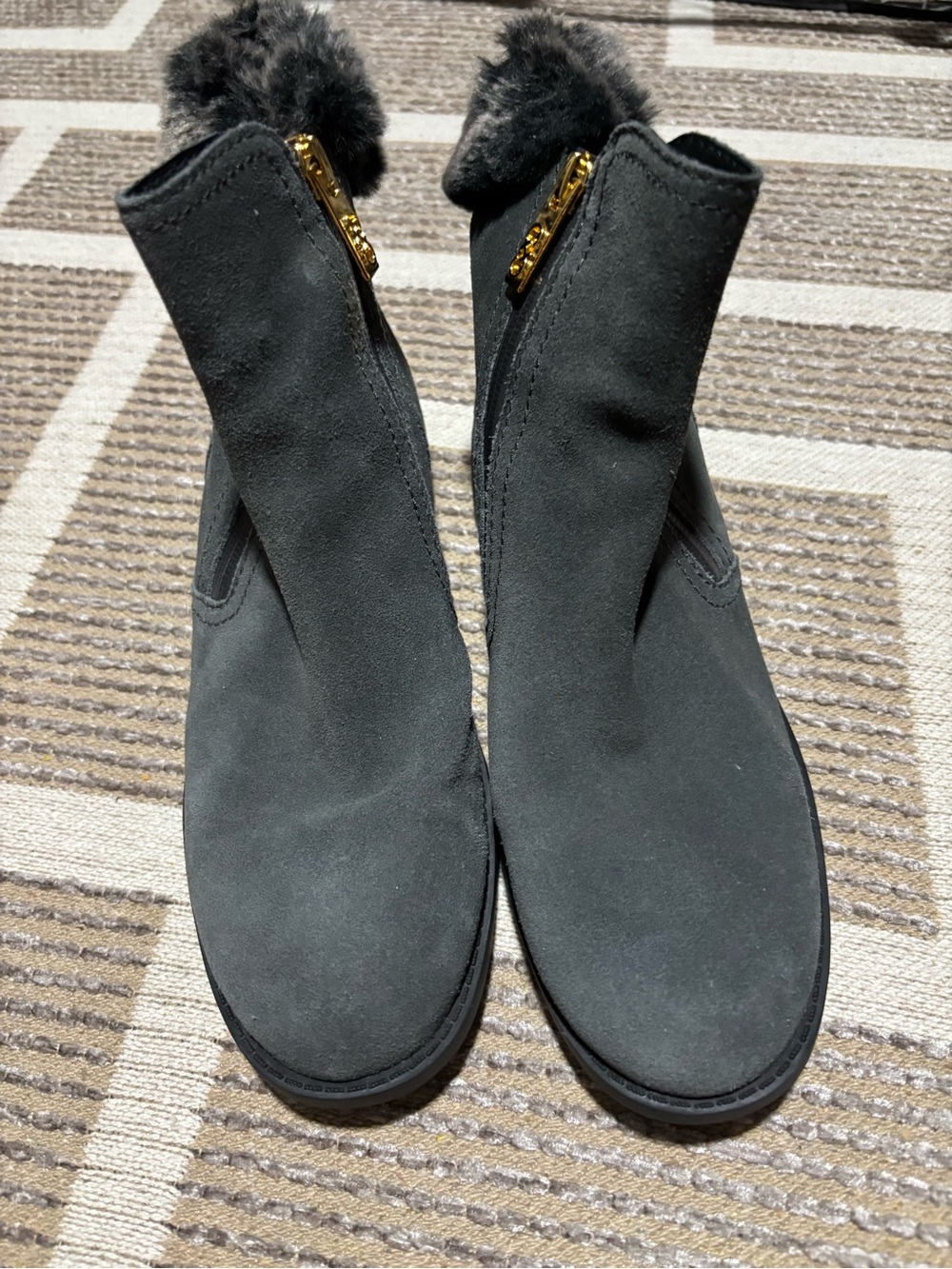 Cole Haan Black Suede Ankle Boots with Gold Zip and Faux Fur Collar